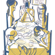 Drawing of family members at a table all looking at their devices